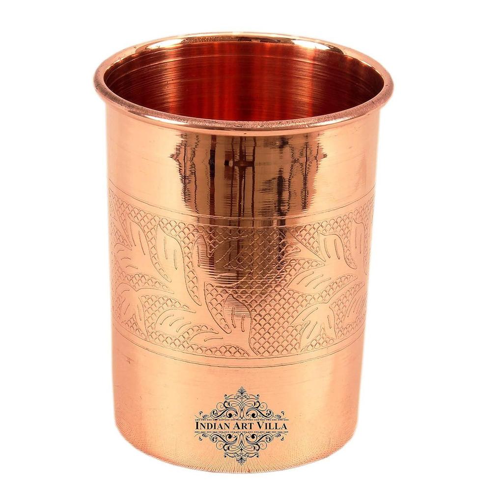 Copper Water Glasses with Embossed Design, Drinkware & Serveware, Ayurvedic Health Benefits, 300 ml Capacity, Set of 6
