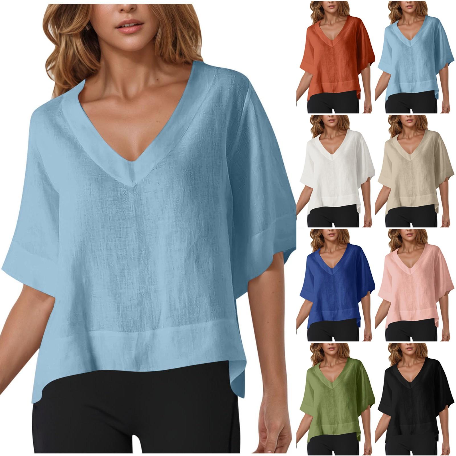 

Women s Fashionable Casual Comfortable Solid Color Cotton And Linen V-neck Pullover Short Sleeved Shirt XL помаранчевий