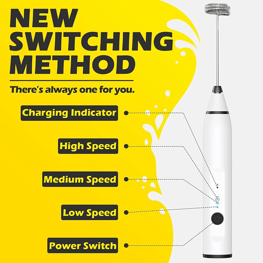 Handheld Electric Milk Frother Whisk Egg Beater USB Rechargeable Coffee Blender Household Milk Shaker Mixer Foamer Black