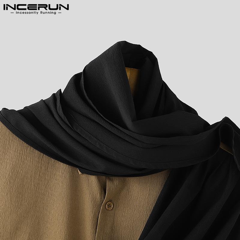 INCERUN Men Cowl Neck Long Sleeve Front Cross Shirts Casual Patchwork Tops