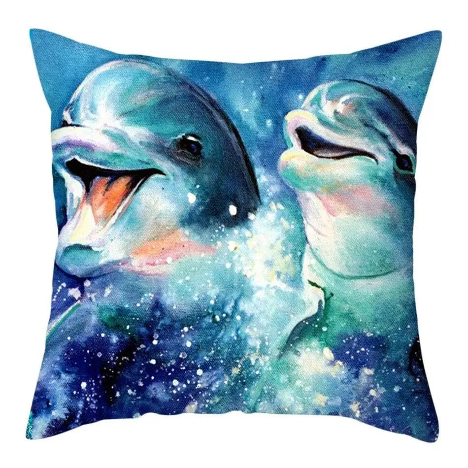 Colorful Sea World Pillowcase Cute Dolphin Pattern Cushion Cover Home Sofa Car Decoration