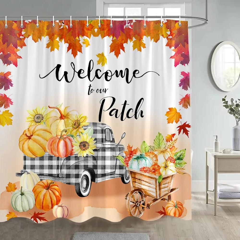 Fall Maple Leaves Shower Curtains Rustic Farm Sunflowers Pumpkins Haystacks Autumn Thanksgiving Fabric Bathroom Decor With Hooks