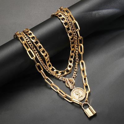 3-teiliges mehrschichtiges Halsketten-Set in Goldfarbe für Damen Elegante Choker Retro Halskette Münzverschluss Anhänger Halskette Schmuck Geschenke