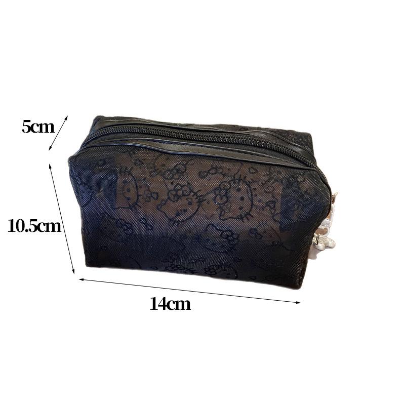 Cute Black Mesh Cosmetic Bag with Kitty Design, Portable Travel Makeup Organizer, Multi-functional Lipstick Pouch, Handheld Touch Up Bag
