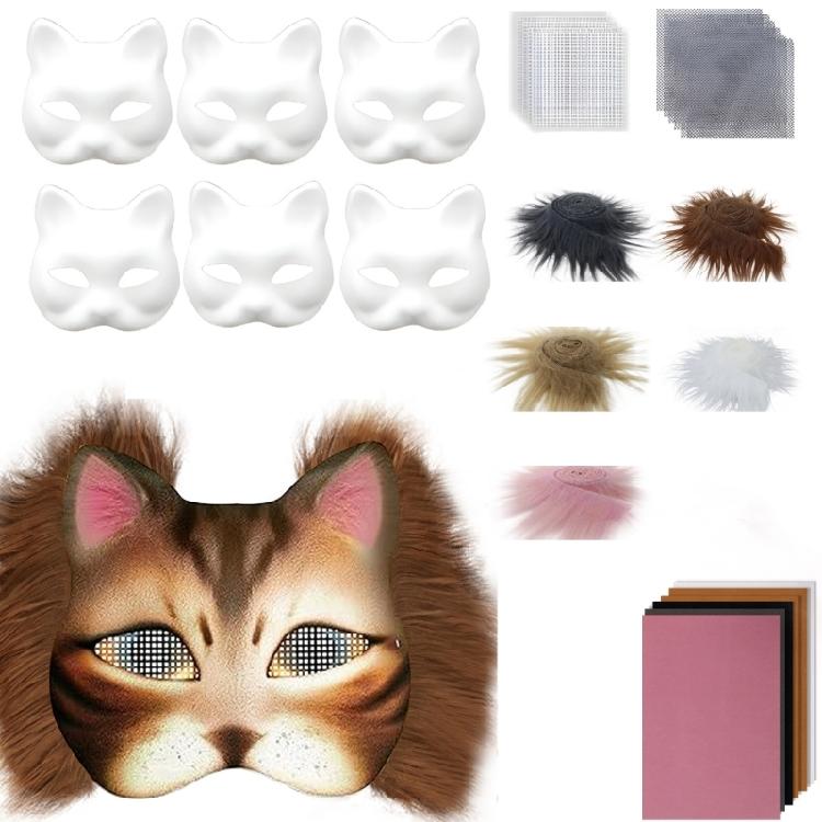 29/42Pieces Animal Cats Face Mask with Furry Trim Eye Mesh for Painting White Paper Mask Unpainted Masquerades Mask