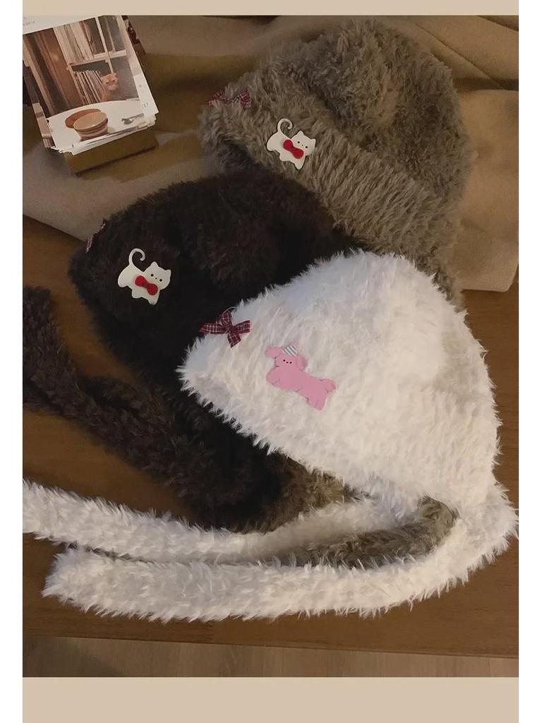 Căciulă caldă de pluș cu urechi de ursuleț și pisică, cu fundă, pentru femei – Protecție pentru urechi de toamnă/iarnă cu design cu față deschisă