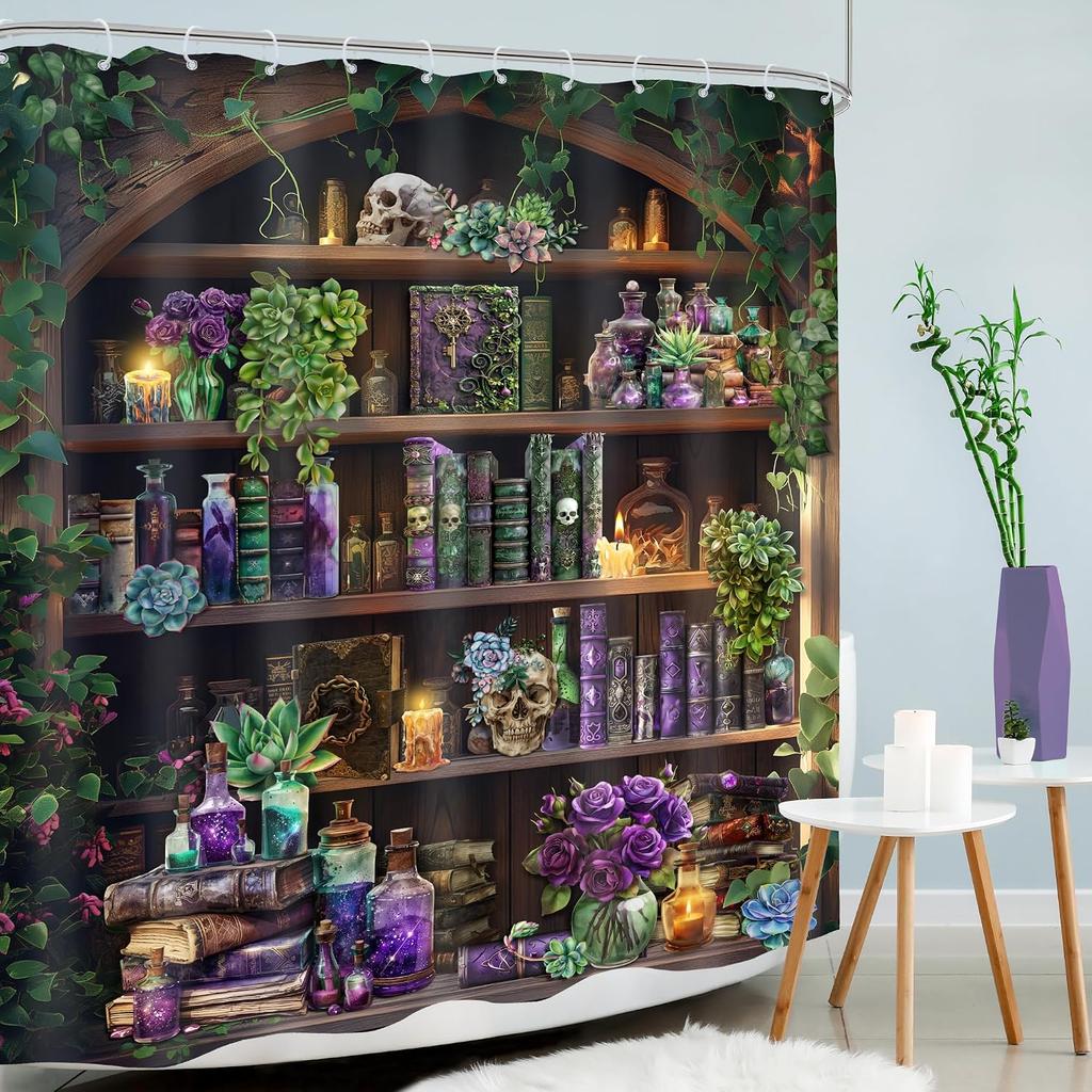 Halloween Witchy Gothic Shower Curtain Bookshelf Spooky Bathroom Decor