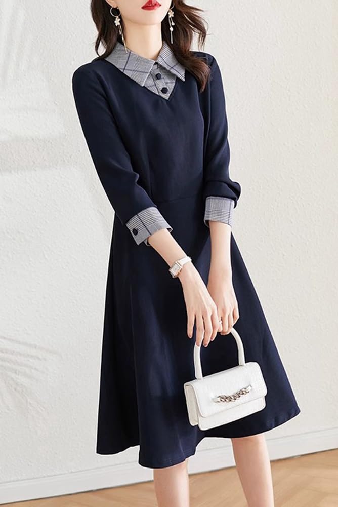 Chubikime Shirt Long Midi Faux Layered Spring Women's Dress, Sleeve, Length, A-Line, Layered, Turn-Down Collar, Look, Stylish, Slimming, Fall, Winter,
