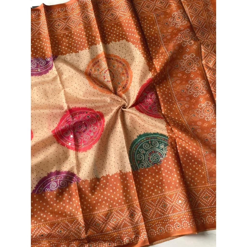 Tissue silk weaving sarees with multi-layared bandhani prints all over the saree, Blouse (Need To Be Stitched As Per Size And Fit)