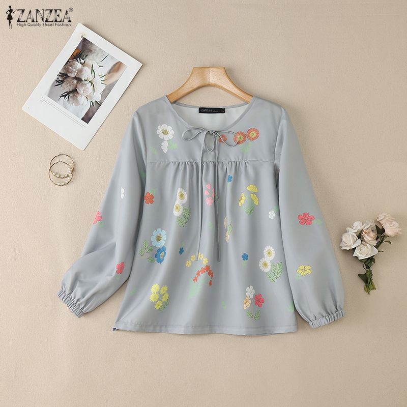 ZANZEA Lässige Bluse mit Rundhalsausschnitt und langen Ärmeln für Damen mit Blumendruck