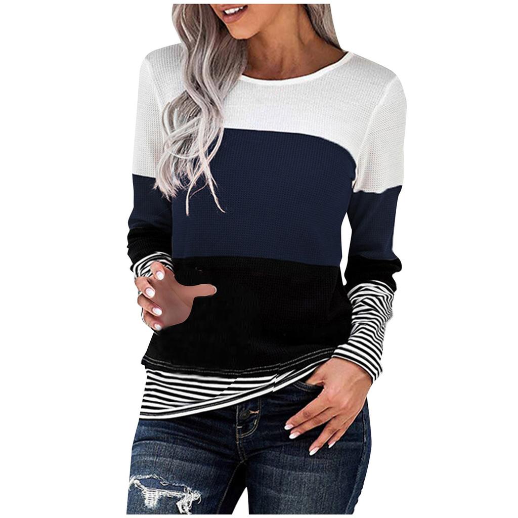 Winter Women's Long-Sleeved Striped  Stitching Sweatershirt Tops