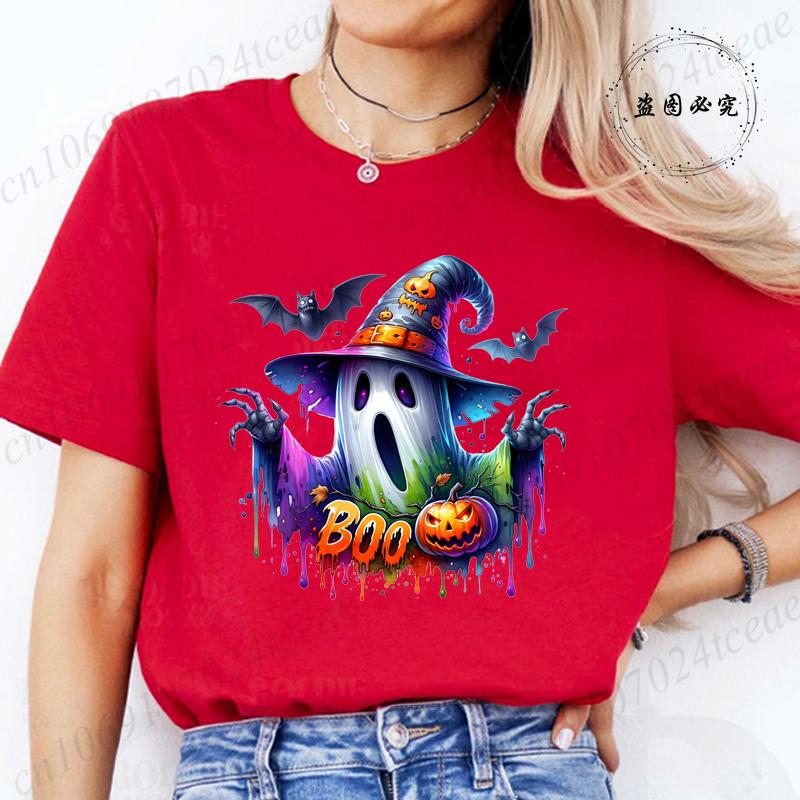 Women Cute Spooky Witch Print T Shirt Graphic Harajuku Streewear Halloween Horror Graphic Tee Clothes Causal Female Y2K Tops Tee