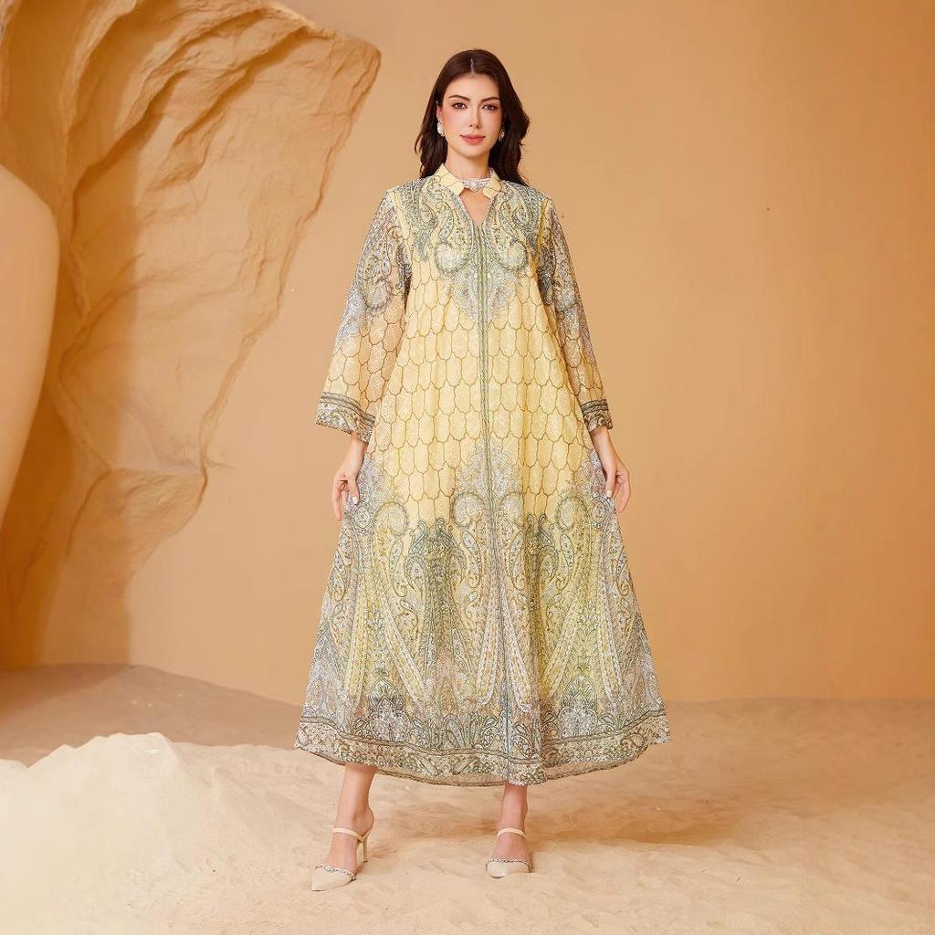 Middle Eastern Embroidered Muslim Women's Long Dress Abaya with Hot Drill Print