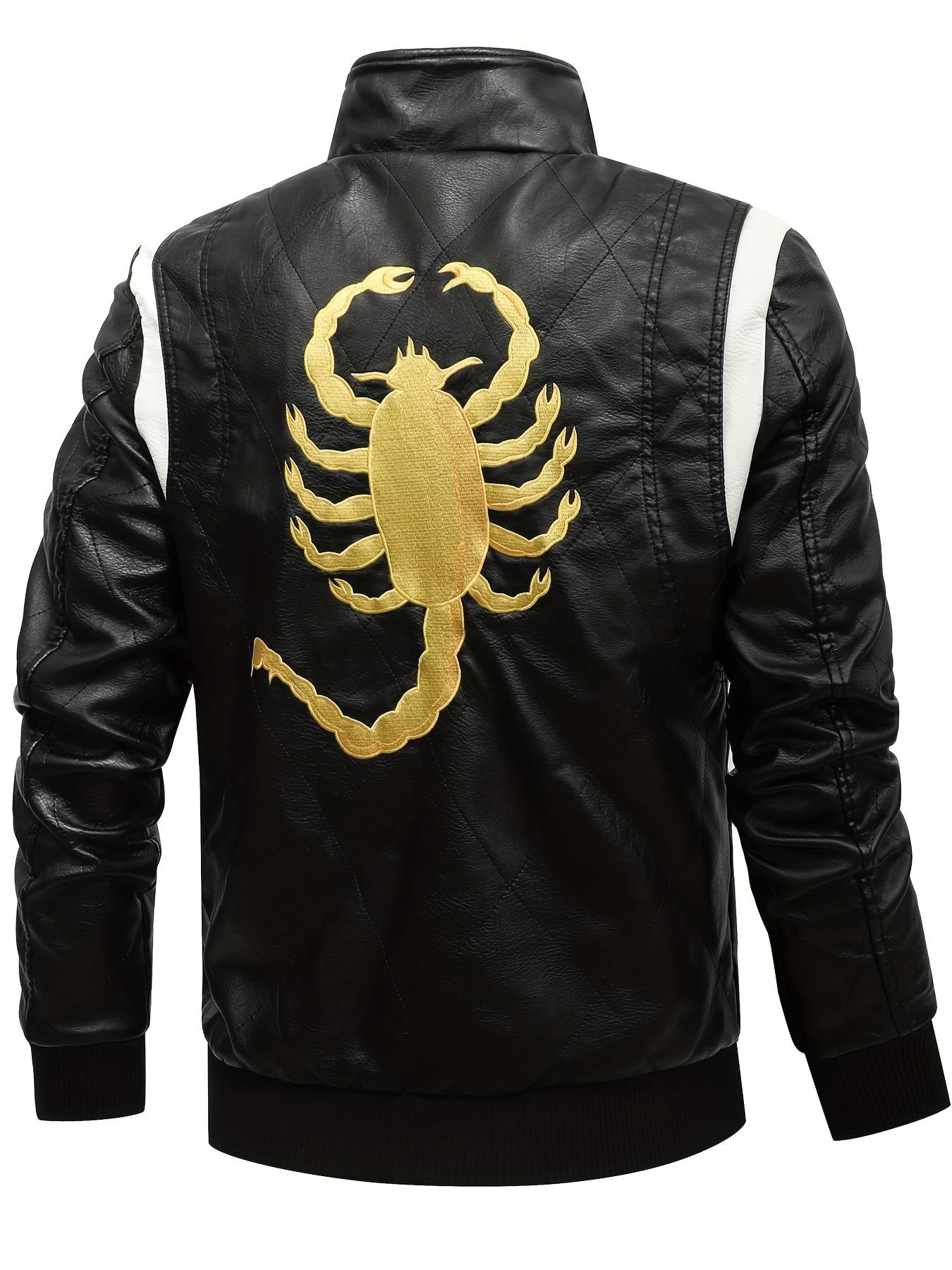 Veste en cuir PU à col montant pour homme – Manteau de motard brodé scorpion – Vêtements d'extérieur décontractés de style urbain en cuir L noir