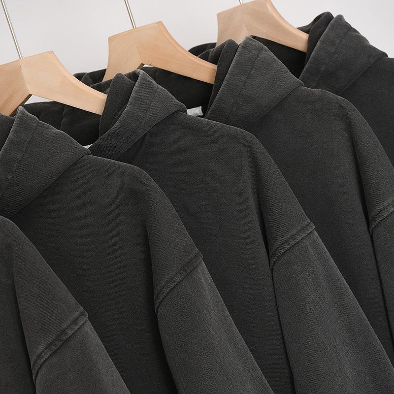 Washed Nostalgic Dark Grey Pure Cotton Retro Hooded Sweater for Men and Women