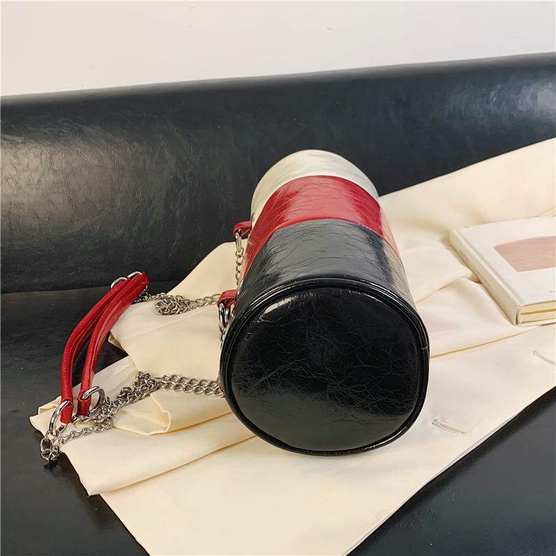 Bolsos de Hombro con Cadena de Moda Para Mujer Color de Contraste Cuero Pu Bolso de Mano Costura Tricolor Bolso Cilíndrico Casual Pequeña Capacidad Bolso Cruzado