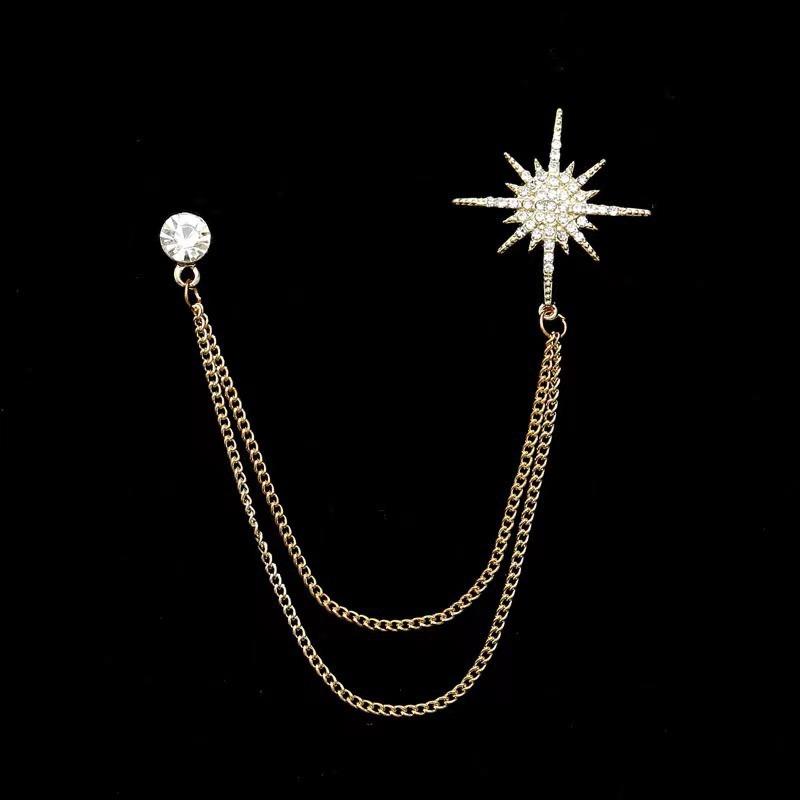 Brooch with Chain Collar Pin, Suit with Four-pointed Star Fringed Brooch, Chest Decoration - Simple Accessory