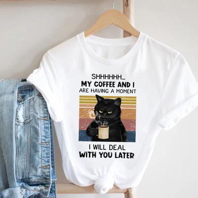 Lovely Pet Cat Women Print Tee Coffee Letter Sweet Top Summer Fashion T-shirt Short Sleeve Lady Female Clothing Casual Graphic T-shirt