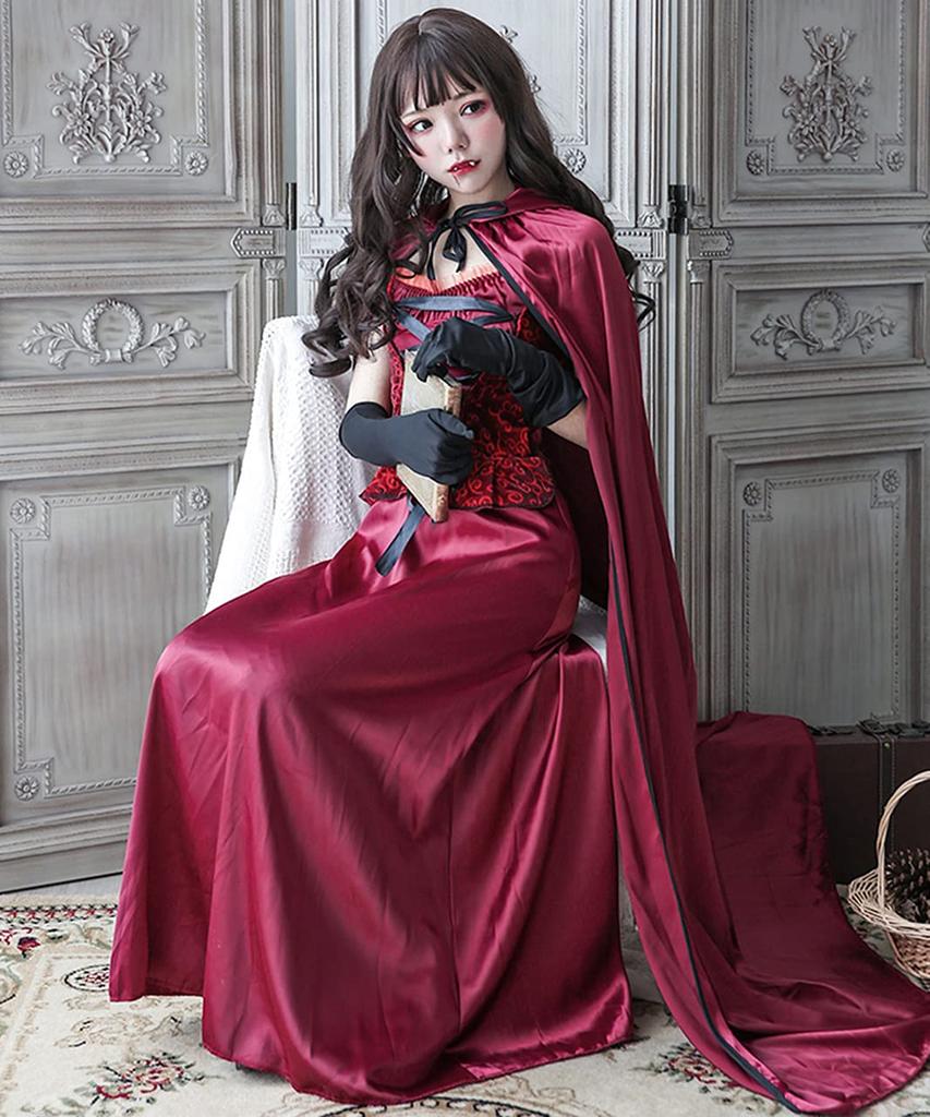 [Milky Time] Little Red Riding Hood Halloween Cosplay Costume, Long Dress with Cloak
