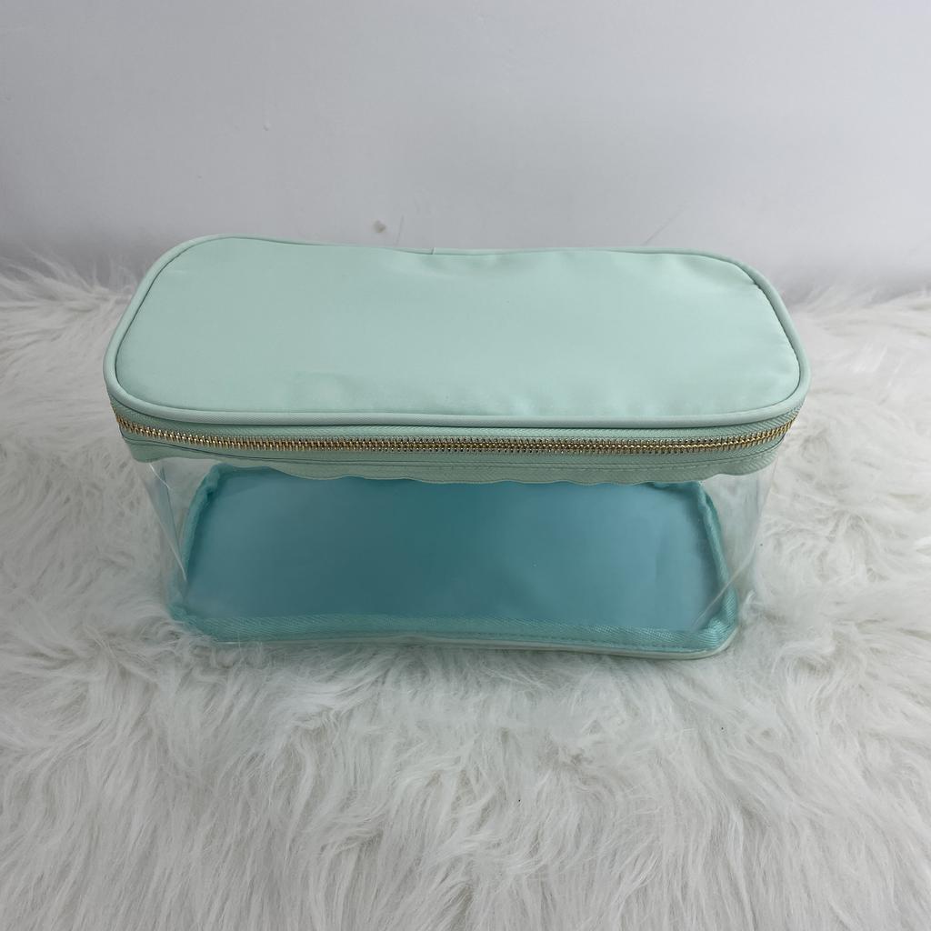 Low MOQ Stock MONOGRAM CLEAR Women Girls COSMETIC BAG CUTE Zip POUCH Make up Bag WITH GLITTER LETTER Decoration