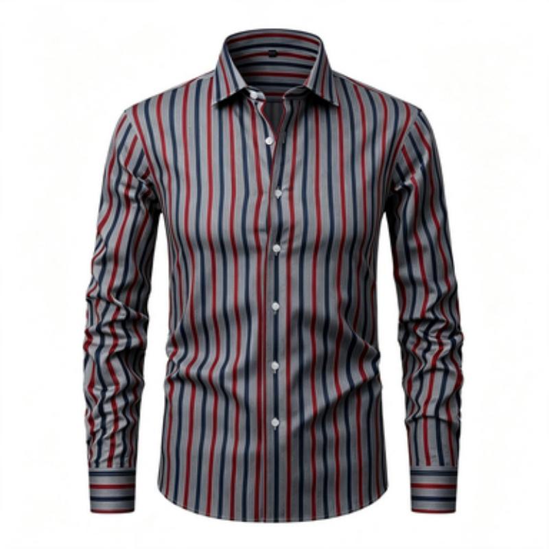 Men's Long Sleeved Shirt, Simple Men's Vertical Stripe Printed Long Sleeved Shirt, Vertical Line Lapel Shirt, European and Ameri