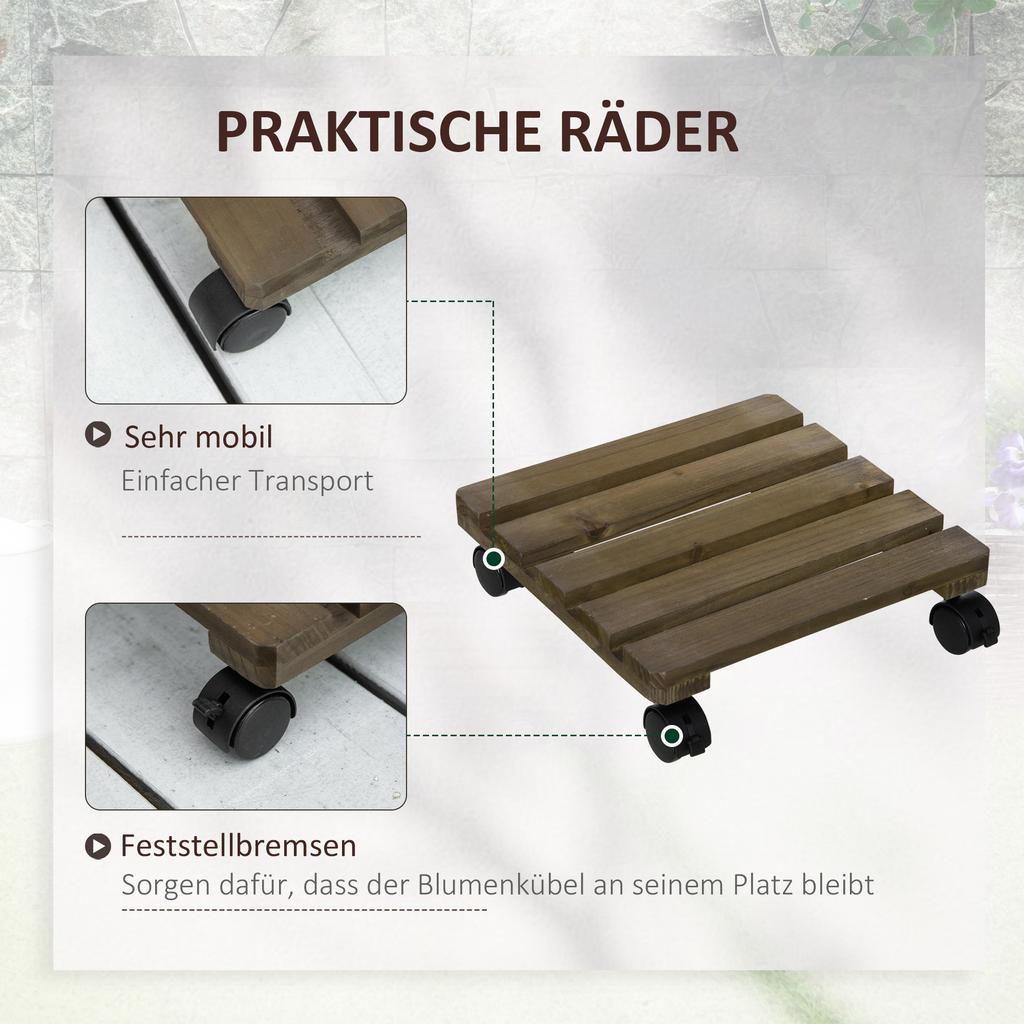 Set of 2 Rolling Plant Stands. Solid Wood. 4 Wheels with Brakes. 30 cm x 30 cm x 7 cm. Brown + Black