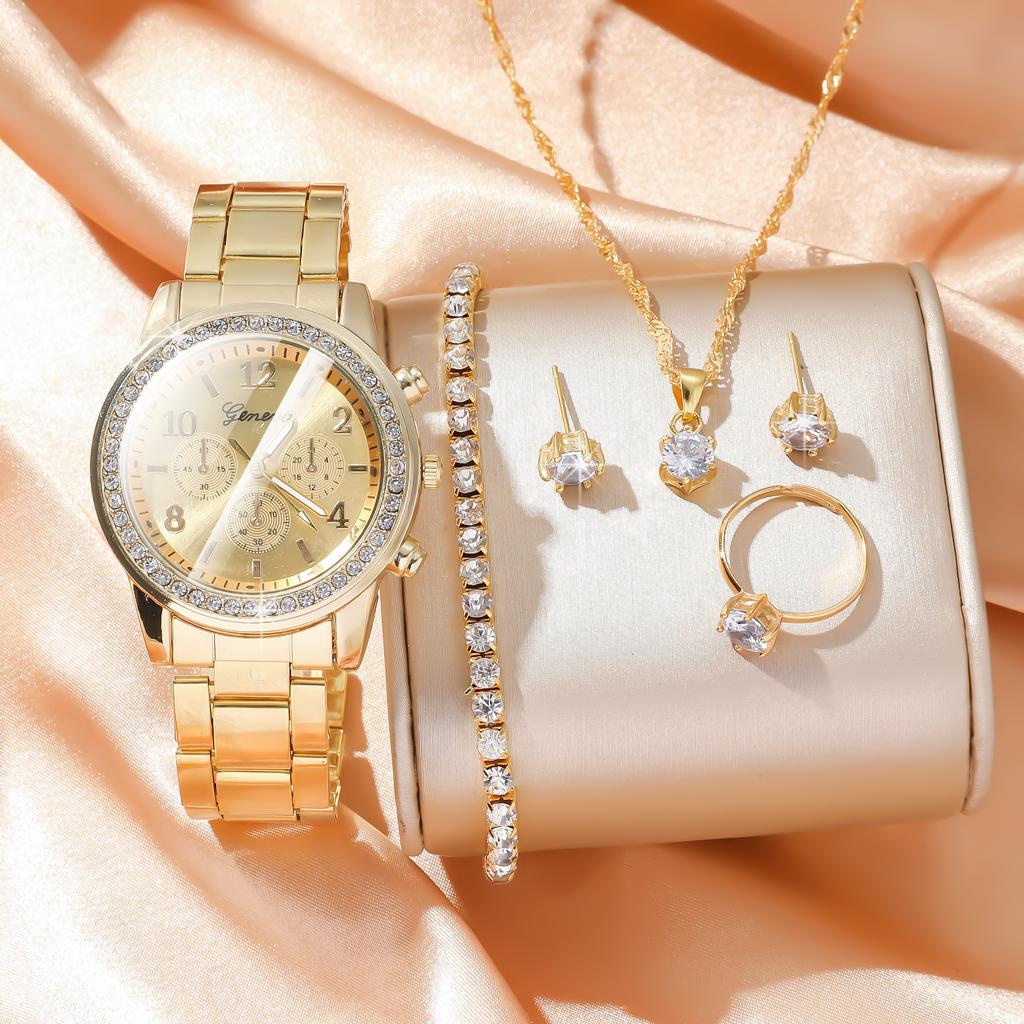 5pcs/set Steel Belt Women's Watch Fake Three Eyes Women's Casual Korean Quartz Watch Set