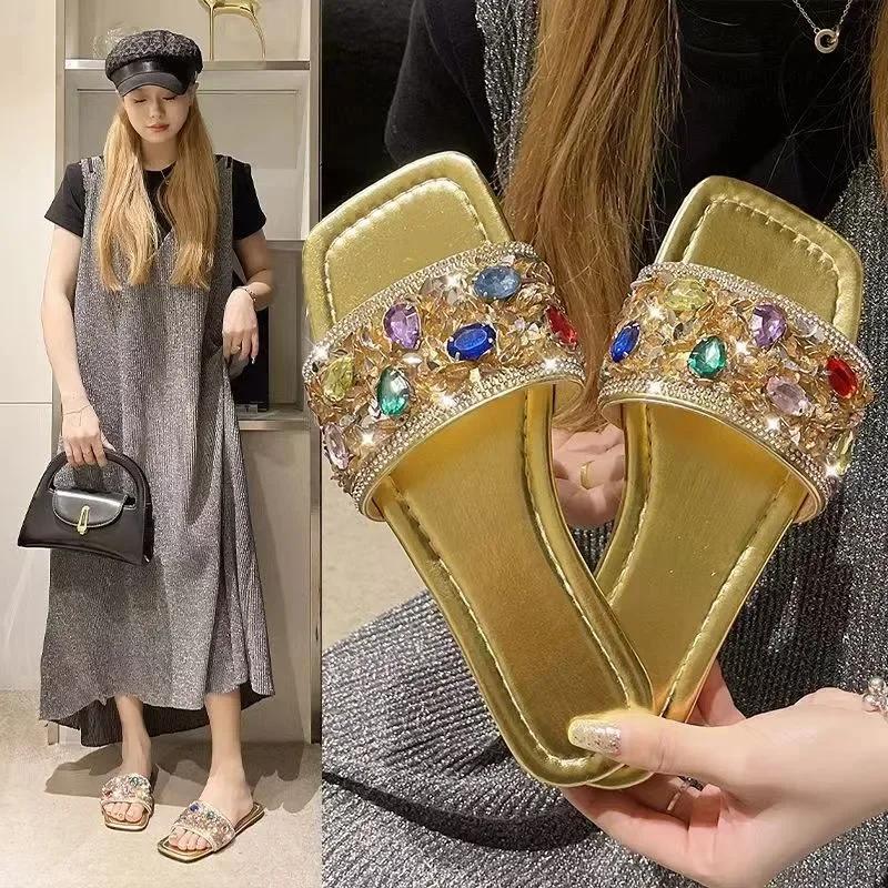 2024 Vară Nou Papuci de Damă cu Cristale Pantofi cu Vârf Deschis pentru Femei Modă Lux Plajă Papuci de Plajă Antiderapanți Femei Zapatos