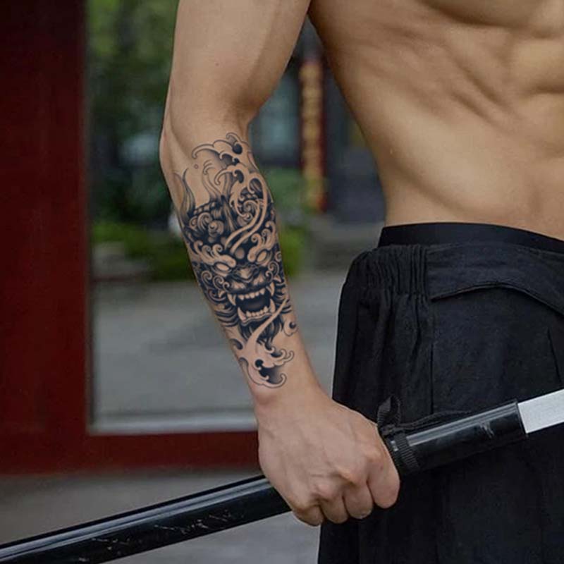 Demon Mask Waterproof Temporary Tattoo Sticker, Long-lasting Waterproof for 1-2 Weeks, Realistic Semi-Permanent Fake Tattoo