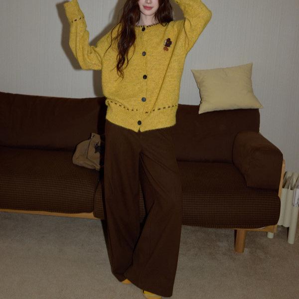 Women's Yellow Wool Knitted Cardigan - Winter Thick, Loose, High-Grade Sweater Coat