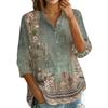Women's Button Front Shirt Vintage Floral Print Three Quarter Sleeve Loose Fit Blouse with Lapel Collar Casual Top