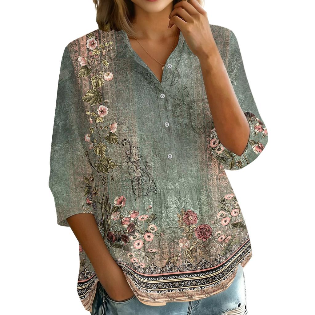Women's Button Front Shirt Vintage Floral Print Three Quarter Sleeve Loose Fit Blouse with Lapel Collar Casual Top