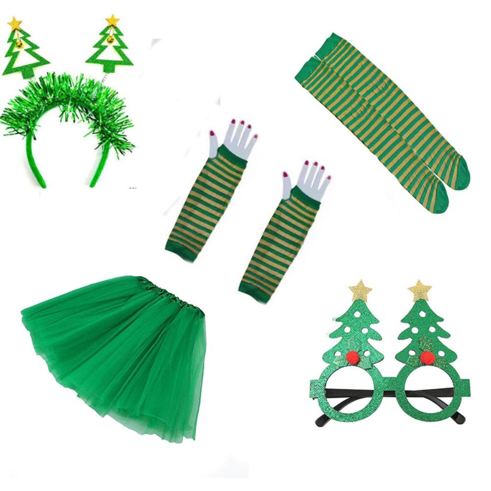 PESENAR Women s Christmas Tree Costume Set - Green Tutu Skirt, Headband, Stockings, Glasses - Adult, Female - Christmas Party