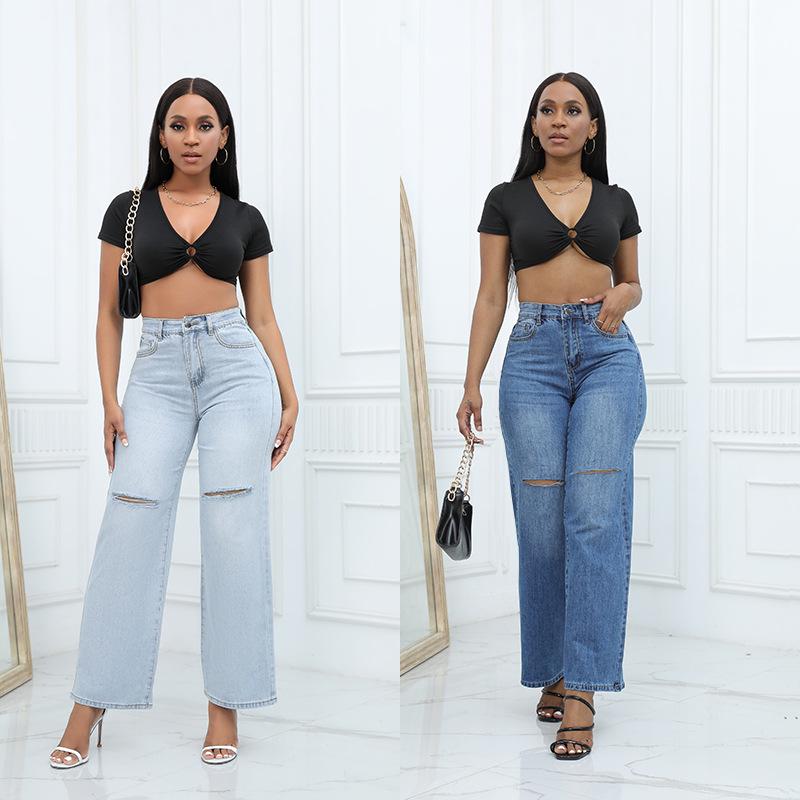 Autumn 2023 Women's European & American Color Block High Waist Flared Jeans