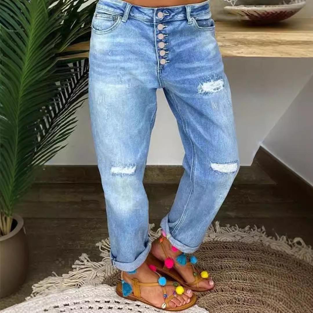 Autumn 2025 Women s Retro Loose Slimming Straight-Leg Ripped Button-Down Dad Jeans Medium