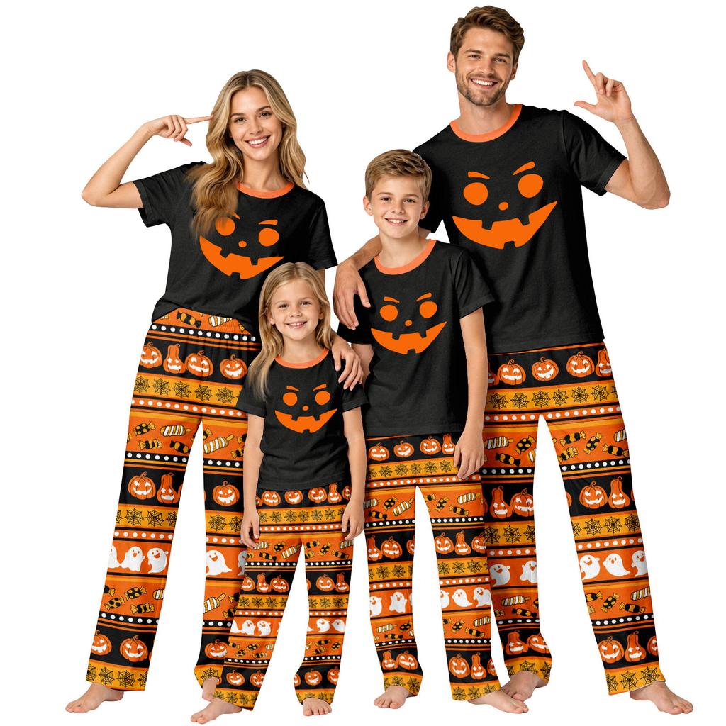 Family Matching Halloween Print Short Sleeve Loungewear Set with Tops and Pants for Parents and Kids