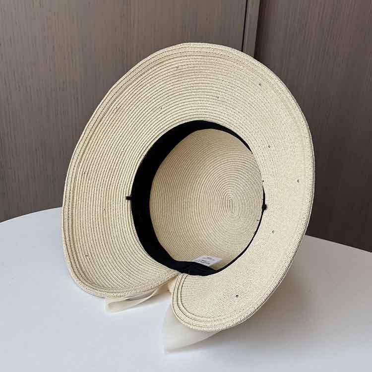 Lace Bead Split Bow Straw Hat Women's Summer Elegant Basin Hat Big Along Beach Sun Hat