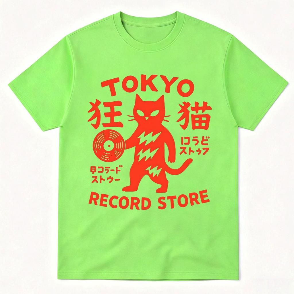 Tokyo Record Store Cat Vinyl Record Player Rock Dj Band Japanese Funny Tshirts Unisex Unisex Clothing Cotton Short Sleeve T Shirts