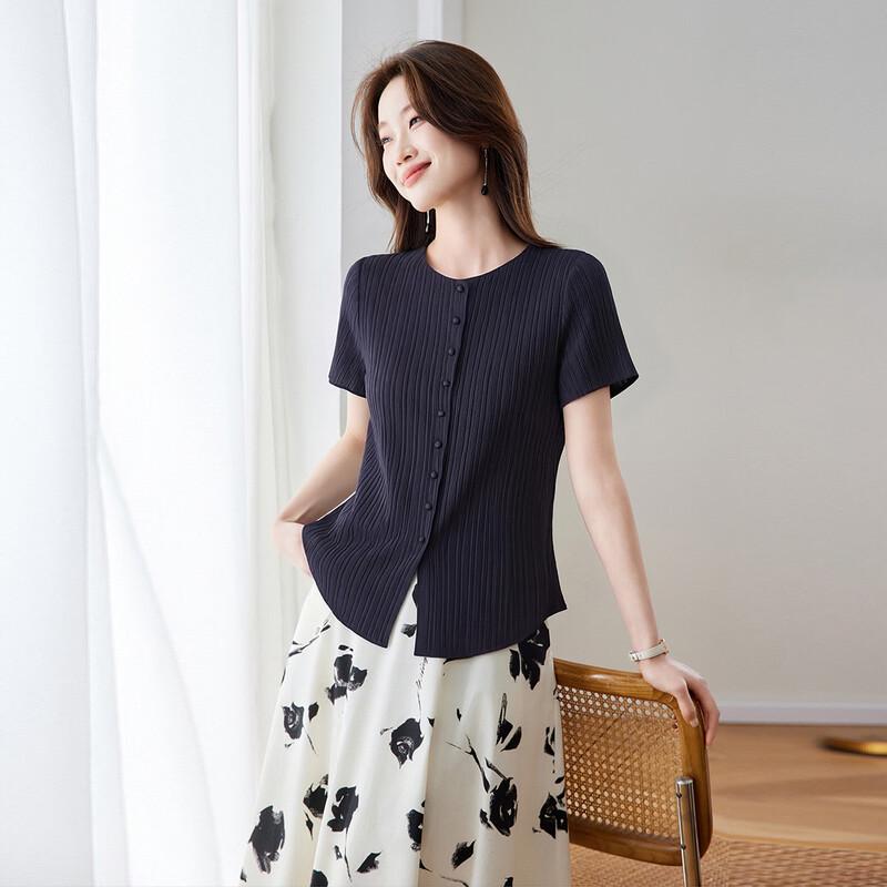 Srcr 16 Momme Silk Short Sleeve Cardigan T-Shirt XL темно-синий
