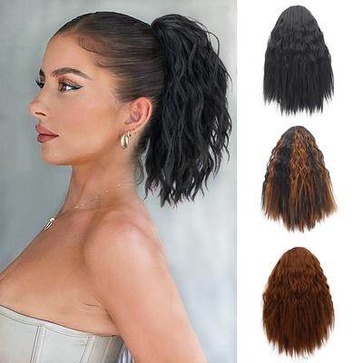 Synthetic Short Curly Wavy Drawstring Ponytail Clip In Wig For Women Natural Looking Wavy Ponytails