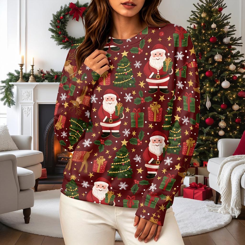 Women's Casual Long Sleeve Christmas Graphic Crewneck Sweatshirt Pullover Top for Holiday