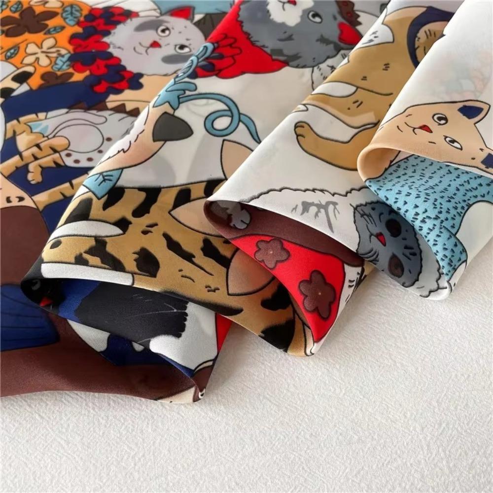 Retro Cartoon Cat Head Wrap Headband Imitation Silk Women Neckerchief  Spring and Summer