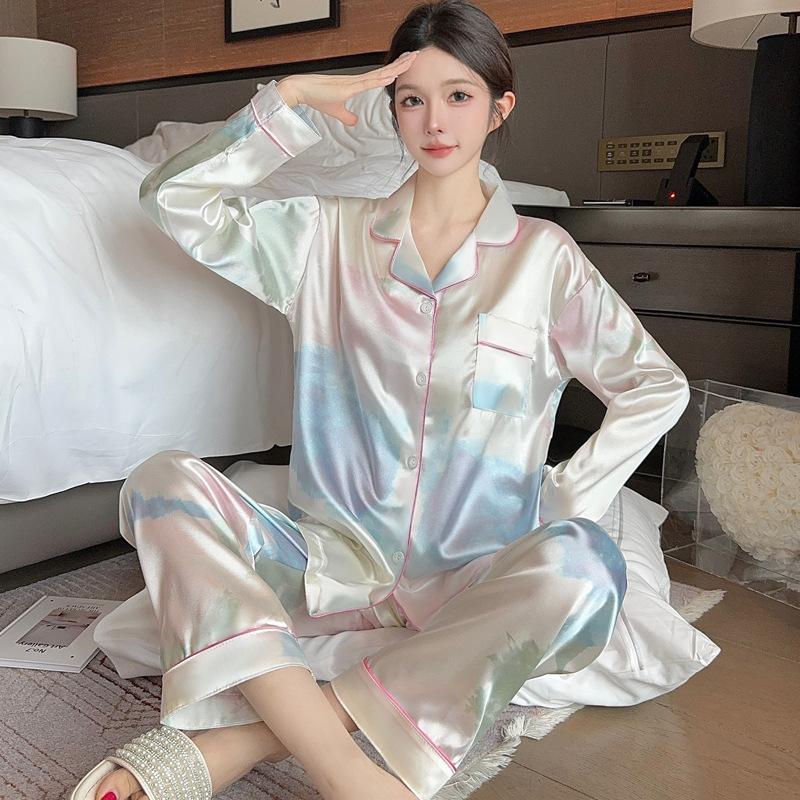 Spring And Summer Dopamine Gradual Change Tie-Dye Fashion Lapel Pajamas Women'S Long-Sleeved Trousers Loungewear Set