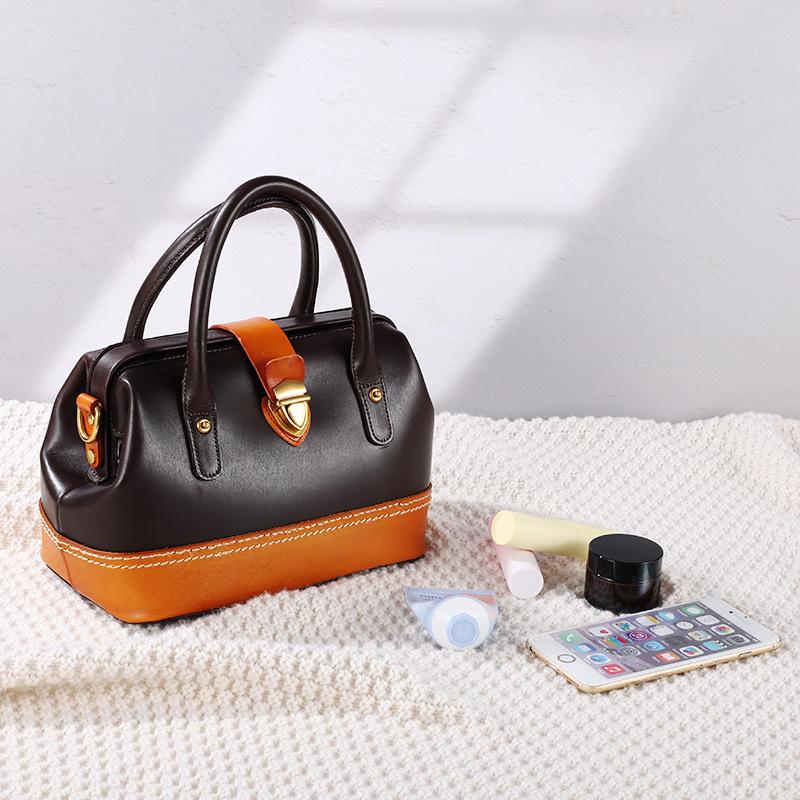 Retro Top Layer Cowhide Boston Women's Bag+large Capacity Genuine Leather Handbag Artistic Commuting Crossbody Bag