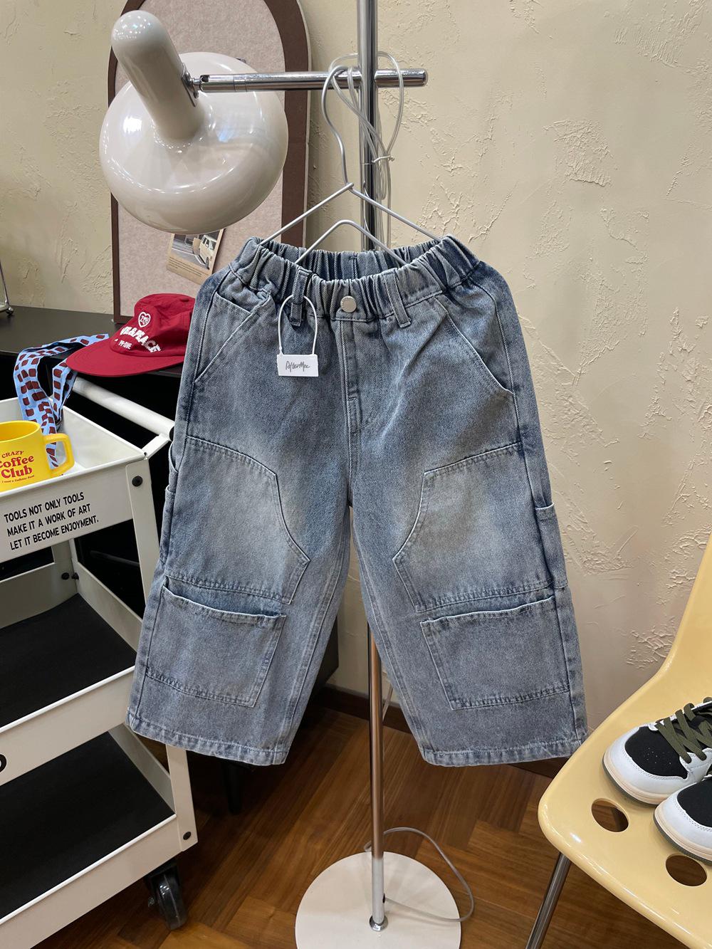 

2025 Осень Джинсы Рабочая одежда Прямого кроя с накладными карманами для мальчиков - Модные, Универсальные Детские Джинсовые Длинные Брюки 110cm джинсовый синий