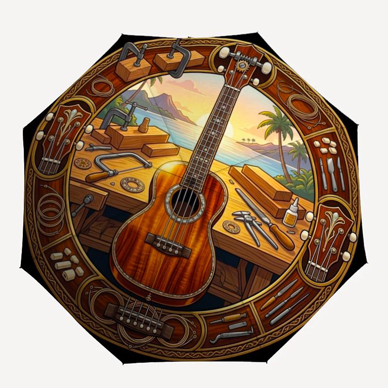Guitar Craftsmanship Scene Pattern Umbrella, Portable and Foldable Design, 8 Ribs, a Casual Accessory for Halloween, Christmas, and Birthday Gifts.