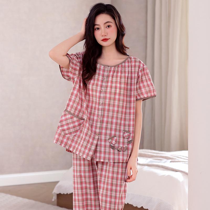 Pajamas women's summer thin woven cotton short-sleeved cropped pants summer middle-aged mother large-size loungewear set