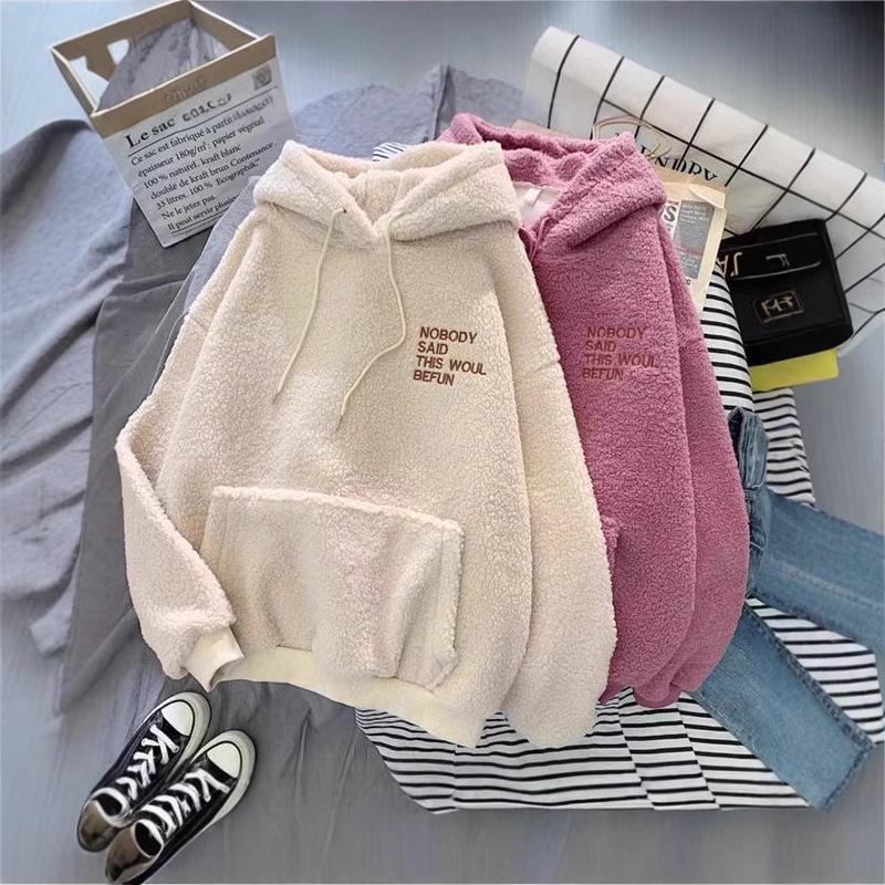 2024 Women's Korean Style Lambswool Fleece Hoodie - Loose Fit, Thickened, Perfect for Autumn/Winter