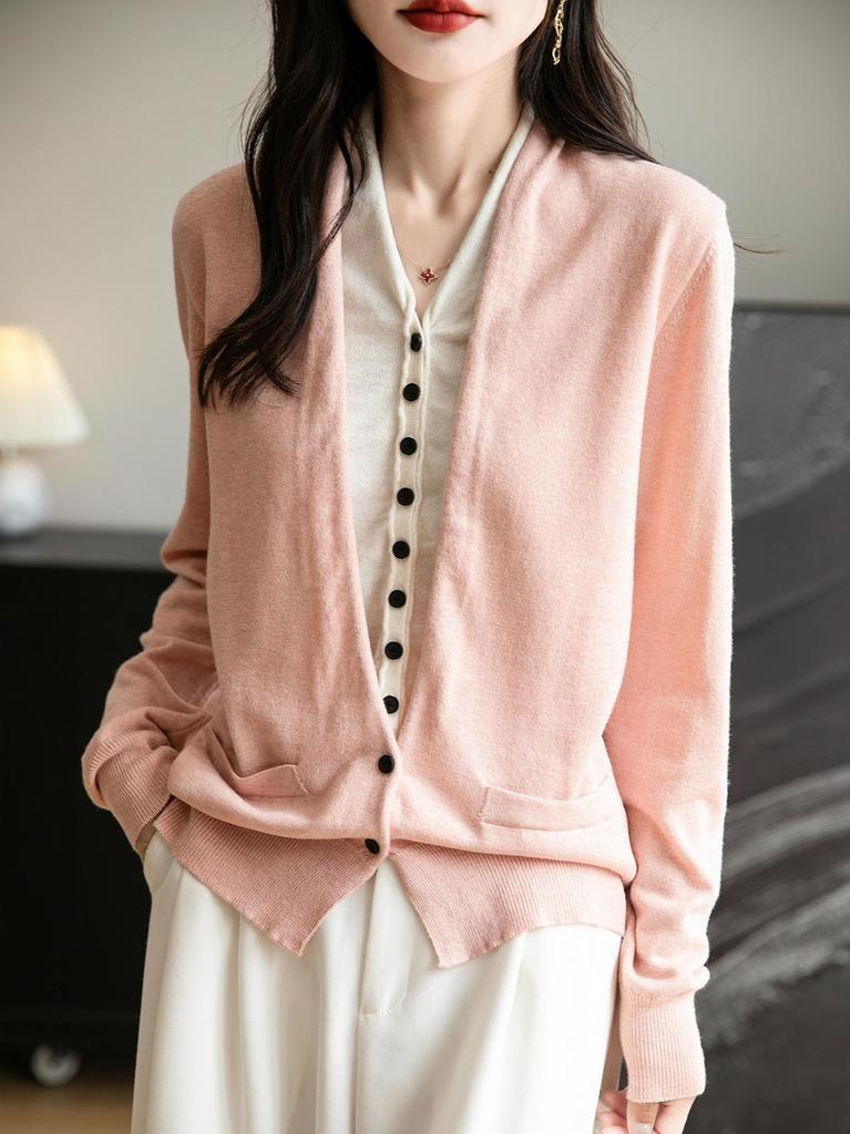 Women's V-Neck Wool Cardigan - Autumn/Winter, Two-Piece, Long Sleeve Knit Sweater
