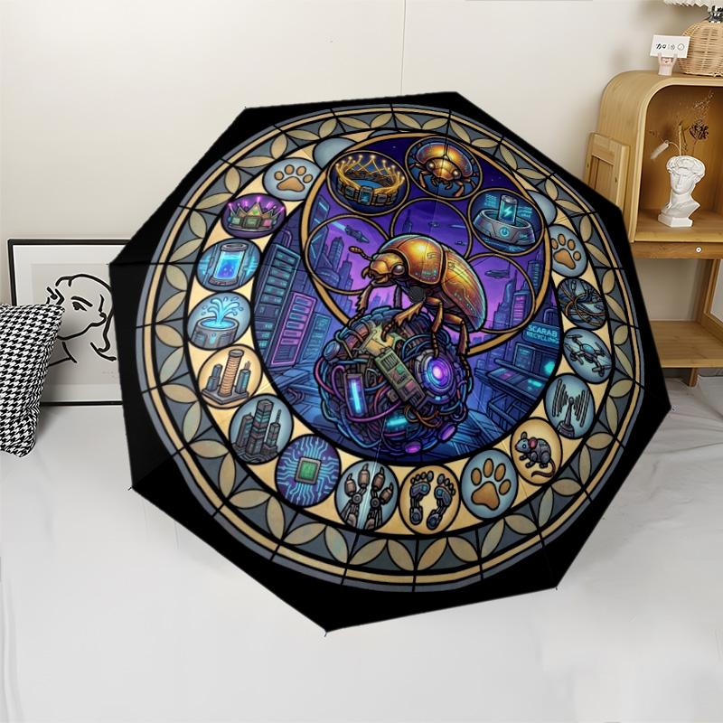 Cybernetic Scarab Cityscape pattern umbrella, portable and foldable design, 8 ribs, a casual accessory for Halloween, Christmas, and birthday gifts.